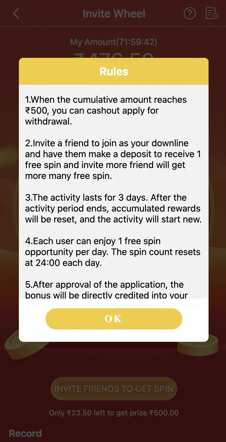 in999 Invite Wheel rules popup showing cashout threshold and free spin guidelines
